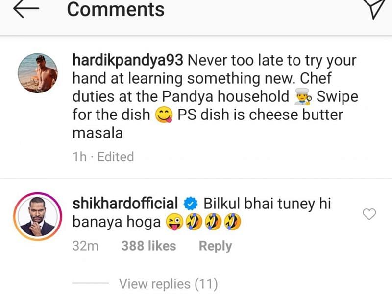 Shikhar Dhawan leaves a funny comment on Hardik Pandya&#039;s post