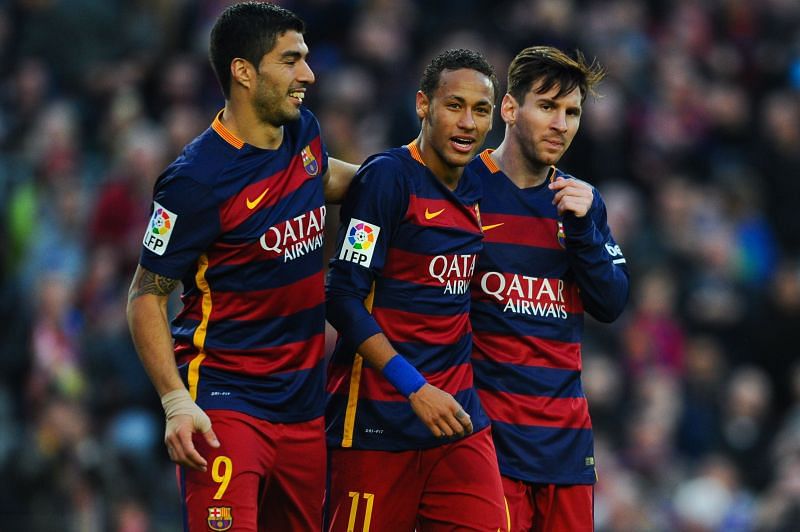 Luis Su&aacute;rez, Neymar and Lionel Messi