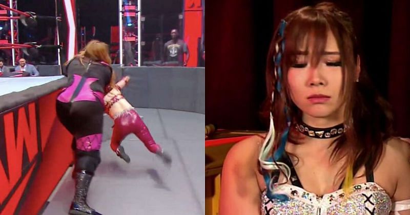 Kairi Sane was busted open as a  result of the steel steps spot. 