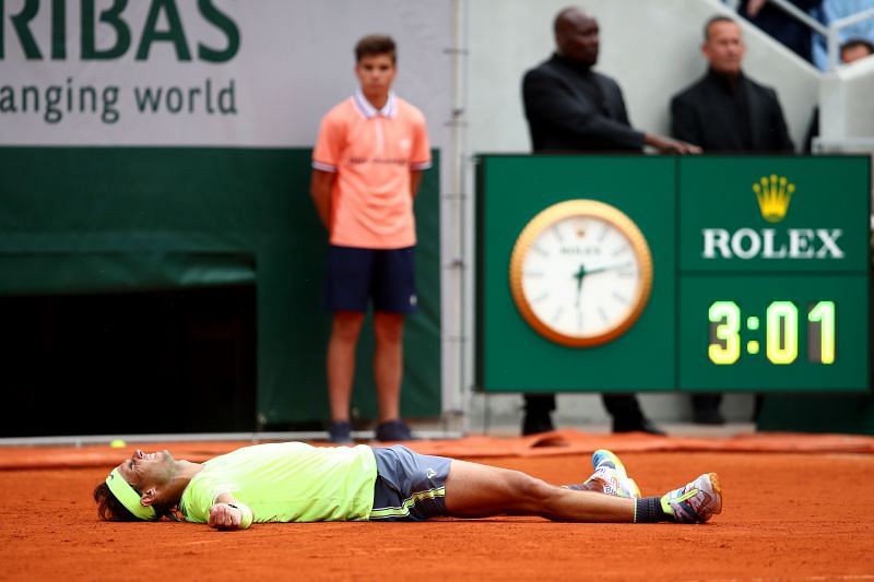 2019 French Open - Rafael Nadal exults after winning his 12th title at the tournament.