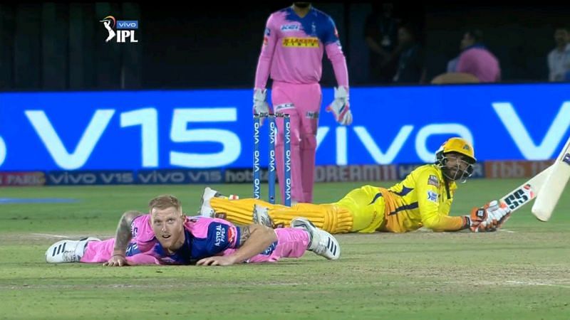 Both batsman and bowler were on the ground after Jadeja hit Stokes for a six in an IPL game.