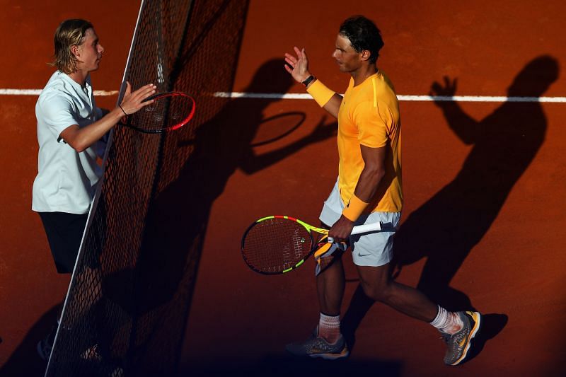 Denis Shapovalov (L) and Rafael Nadal