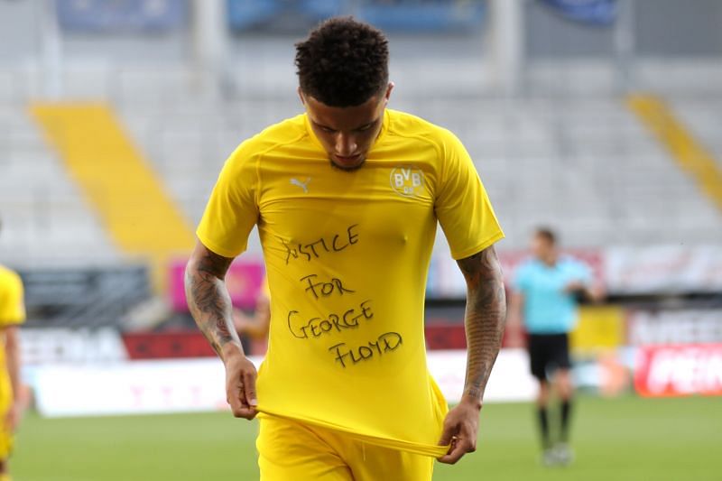 Sancho displays his &#039;Justice for George Floyd&#039; t-shirt after his first goal on Sunday