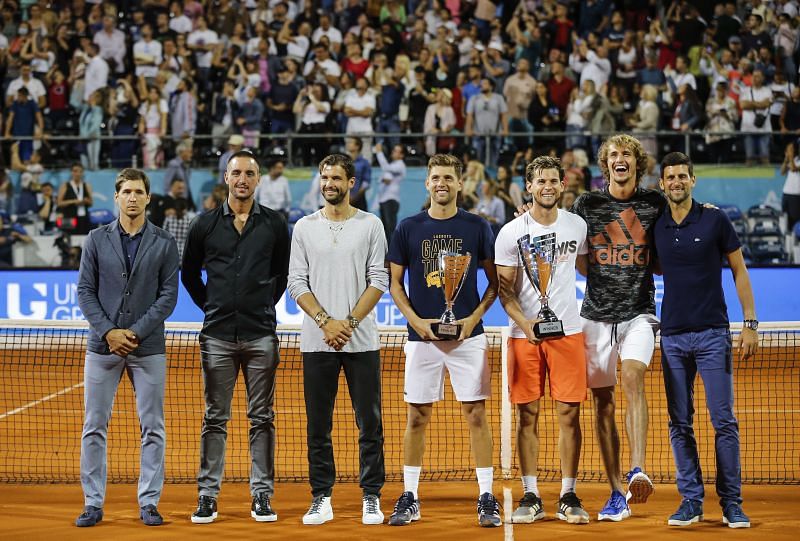 Novak Djokovic, Grigor Dimitrov and the rest of the players after the conclusion of the Belgrade leg