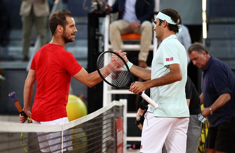 Richard Gasquet and Roger Federer at the Mutua Madrid Open 2019.