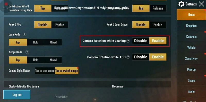PUBG Mobile option &#039;Camera rotation while Leaning&#039;