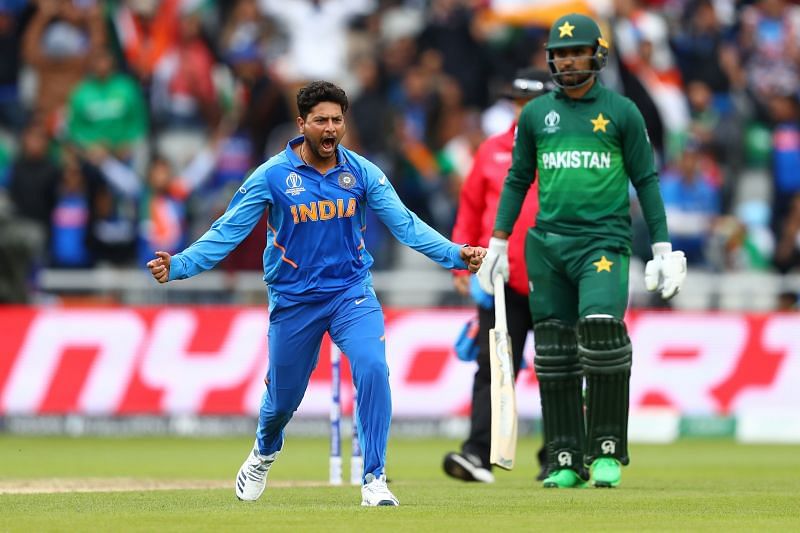 Kuldeep Yadav in action against Pakistan at the 2019 ICC World Cup.