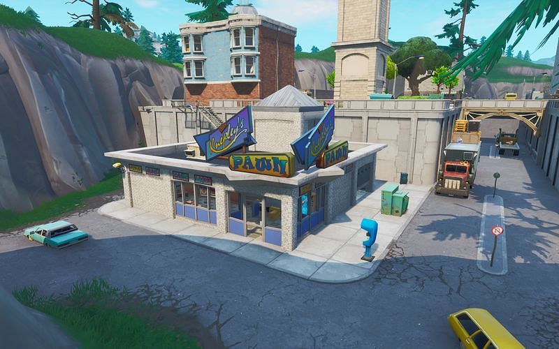 Knepley&#039;s pawn shop in Titlted Towers Fortnite Chapter 1, Season 3 (Image Credits: Gamepedia)