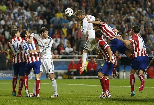 Sergio Ramos leaping to meet the header against Atleti