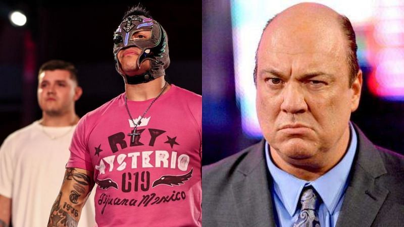 Rey Mysterio with Dominick (left); Paul Heyman (right)
