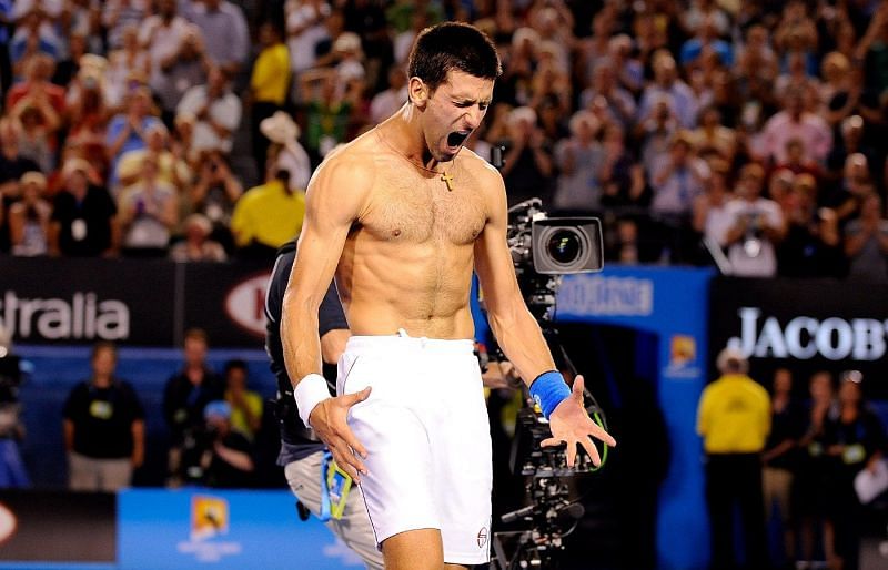 Novak Djokovic after winning the epic 2012 Australian Open against Rafael Nadal