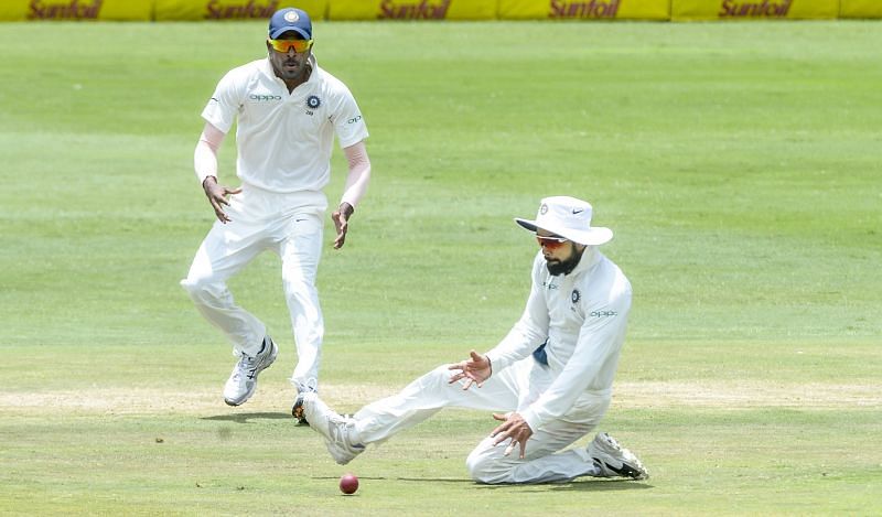 Indian skipper Virat Kohli attempts to field the ball.
