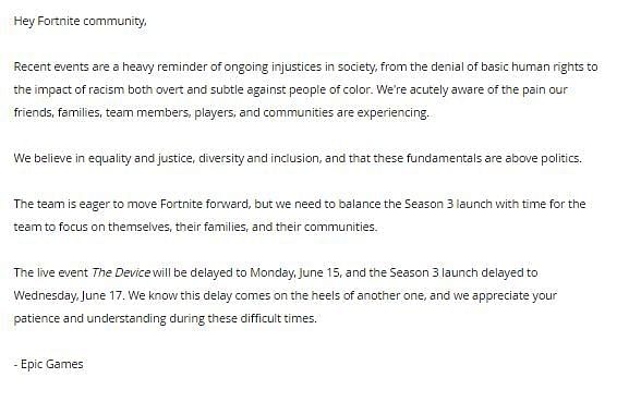 Epic Games&#039; response to the Fortnite Season 3 delay.