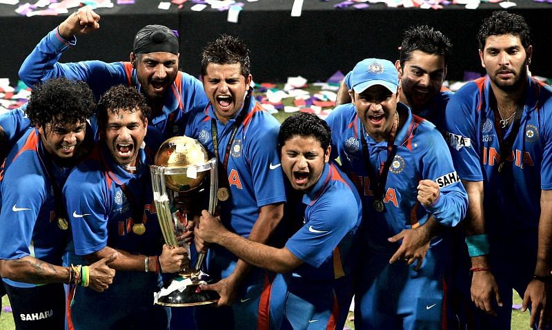 The Indian team after winning the 2011 World Cup final. 