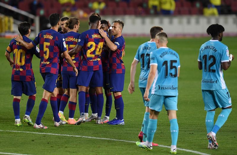 Barcelona players celebrate Ansu Fati&#039;s first-half opener in their 2-0 win over Leganes