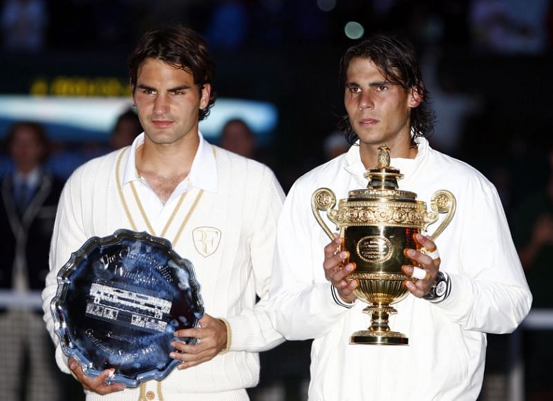 Rafael Nadal (right) won his first of two Wimbledon titles in 2008.