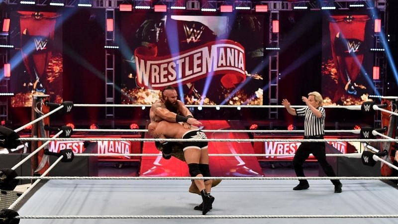 Braun Strowman in his match against Goldberg at WrestleMania; Goldberg was defending his Universal Championship