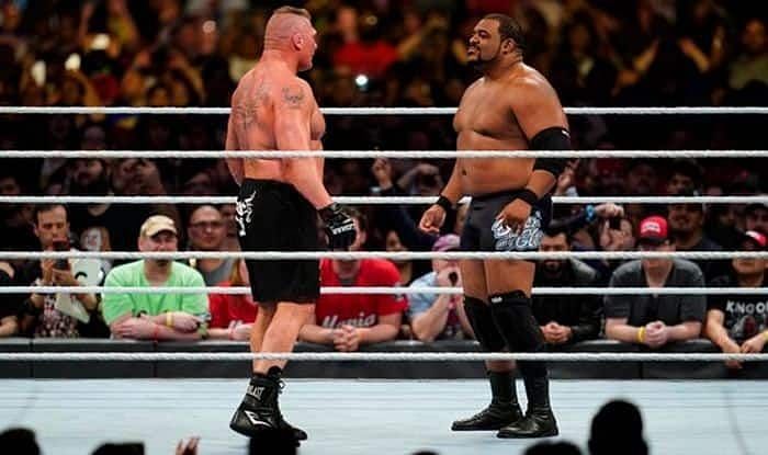 Brock Lesnar and Keith Lee at the men&#039;s Royal Rumble match earlier this year