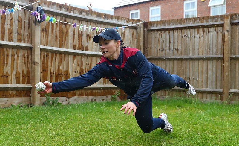 England cricketer Tammy Beaumont training at home during the lockdown.