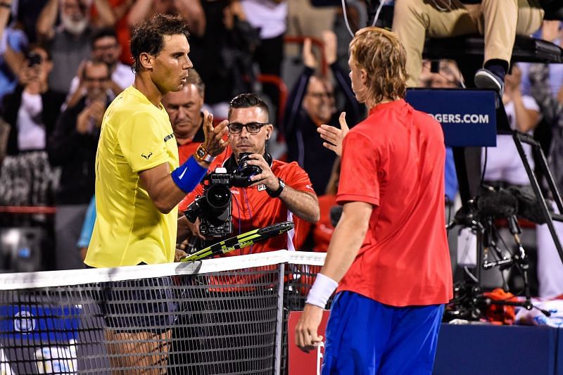 Rafael Nadal (L) and Denis Shapovalov