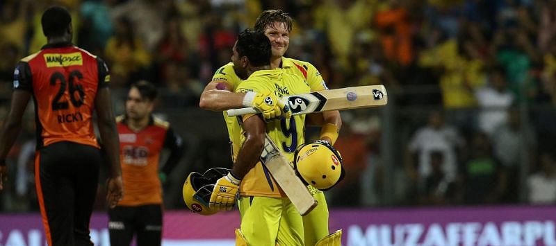 Winning Moment: Shane Watson embraces Ambati Rayudu after taking CSK to victory in the final of IPL 2018