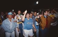 Napoli v Stuttgart UEFA Cup Final 2nd Leg 1989: Diego Maradona celebrates Napoli's victory in the UEFA Cup. His legacy at the club and in the city of Napoli remains untouchable.