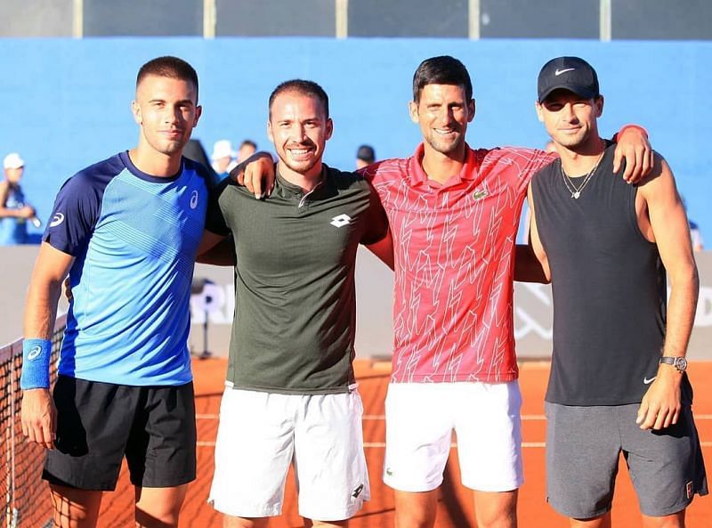 Novak Djokovic with Grigor Dimitrov and Borna Coric, both of whom have since contracted COVID-19