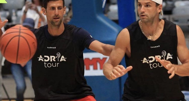 Novak Djokovic and Grigor Dimitrov playing basketball during an Adria Tour promotional