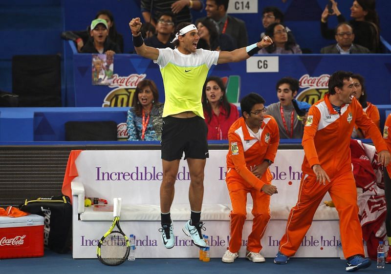 Rafael Nadal cheering on Fabrice Santoro during the 2015 IPTL