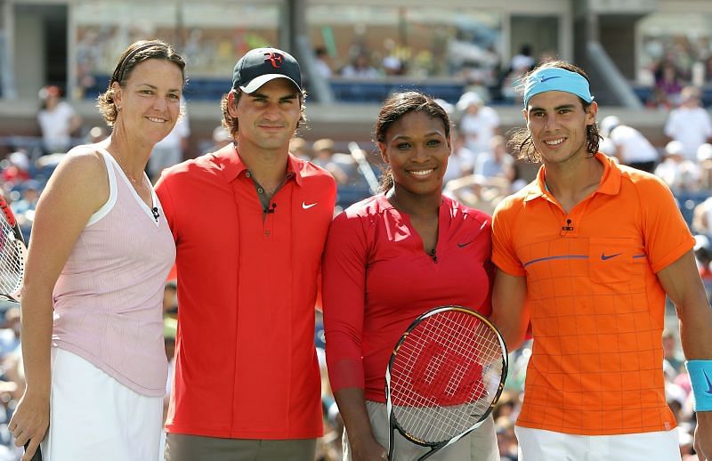 (L-R) Lindsay Davenport, Roger Federer, Serena Williams &amp; Rafael Nadal at an event
