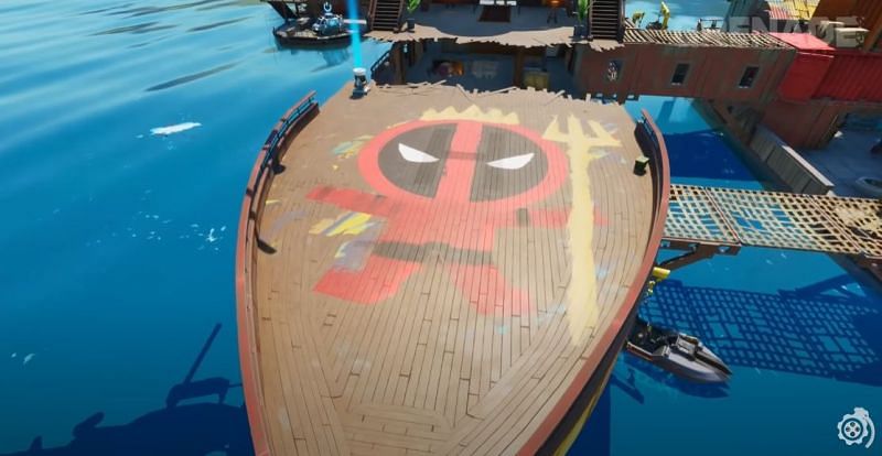 Deadpool&#039;s Yacht has a graffiti with Aquaman&#039;s trident on it (Image Credits: PlayStation Grenade)