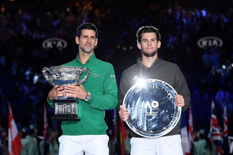 Novak Djokovic (L) and Dominic Thiem at Australian Open 2020