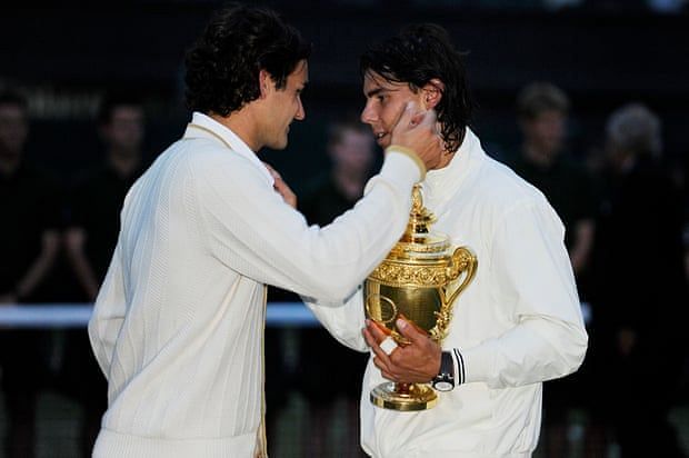 Roger Federer and Rafael Nadal after their Wimbledon epic in 2008