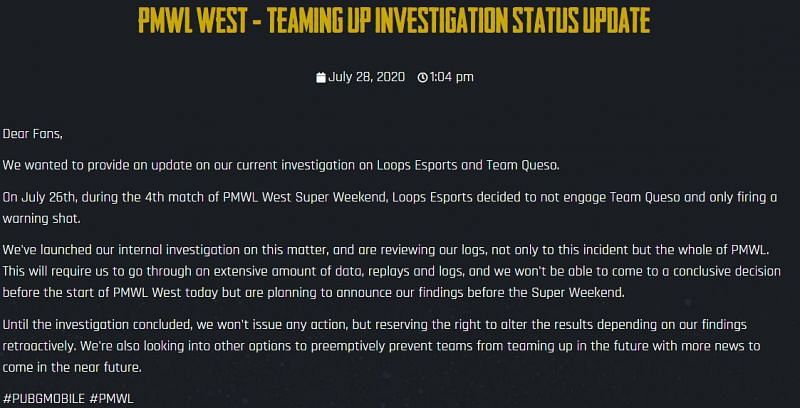 The PMWL 2020 West Season Zero incident is being looked into