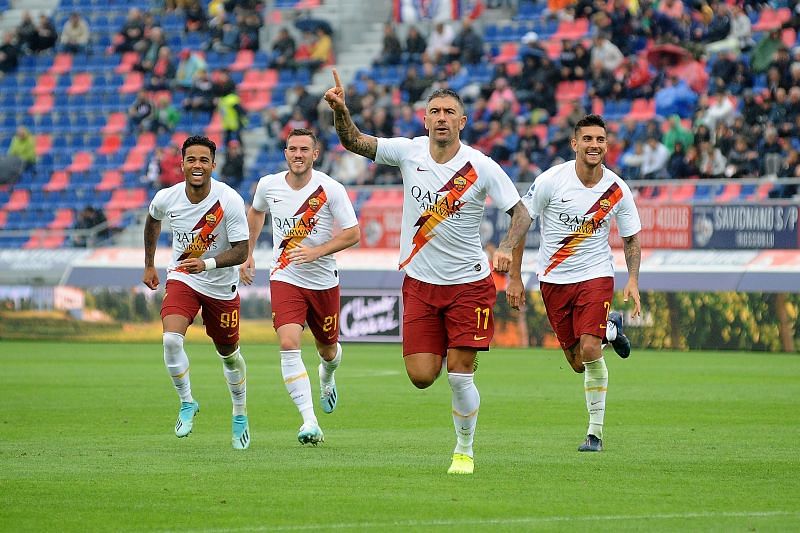 Kolarov celebrates after opening the scoring for Roma in a recent game against Bolognese from a free-kick