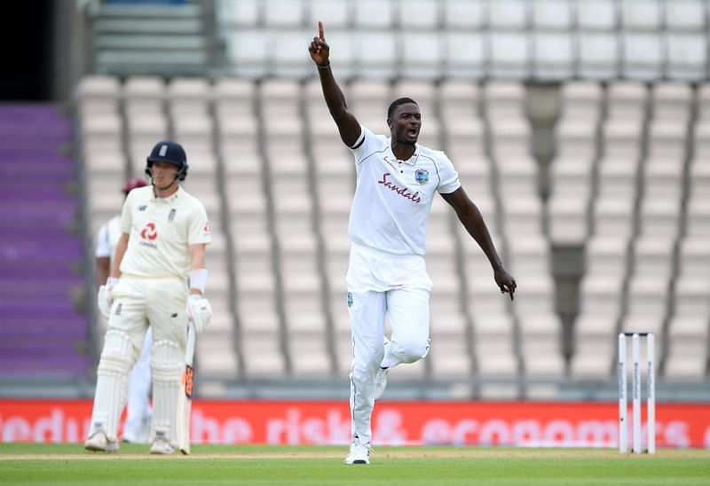 Jason Holder celebrates after removing Mark Wood.