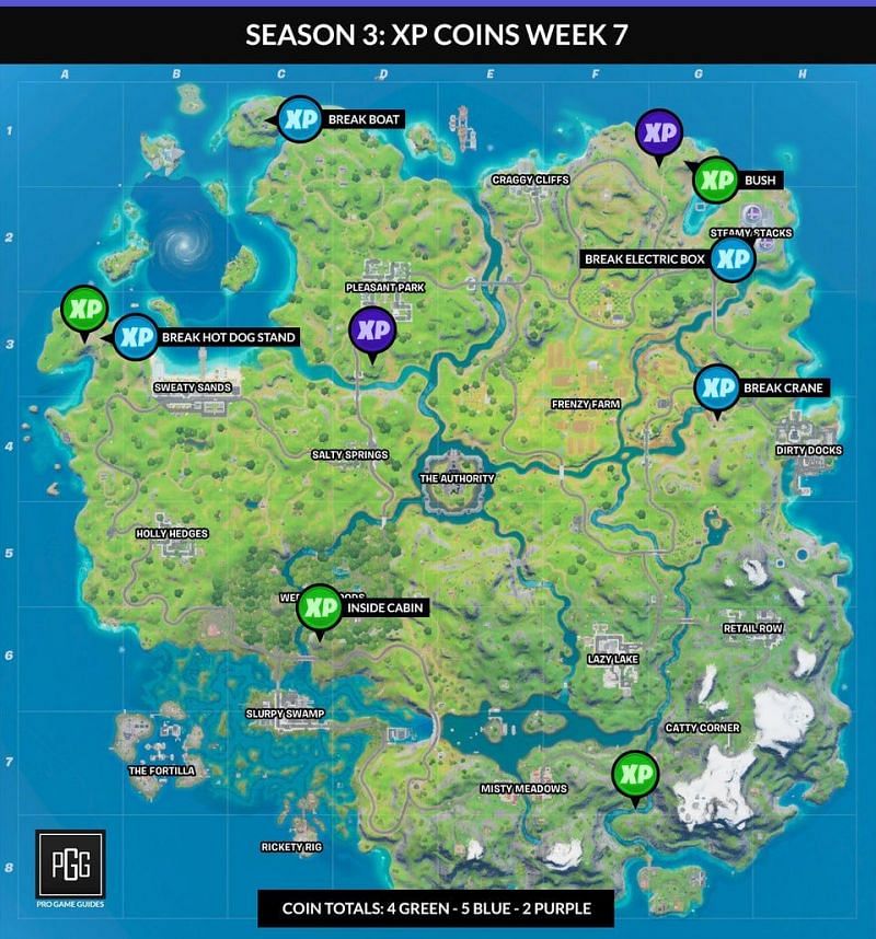 All Fortnite Week 7 XP Coins locations (Image Credits: ProGameGuides) 