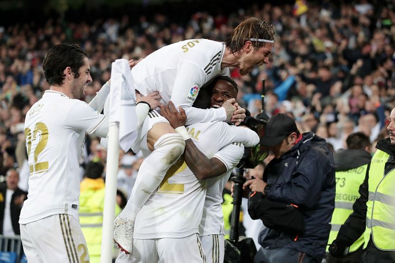 Real Madrid players celebrating a crucial goal in their most recent El Clasico