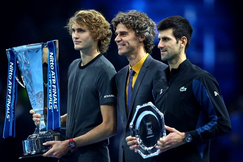 Novak Djokovic (right) and Gustavo Kuerten (center) at the 2018 Nitto ATP Finals
