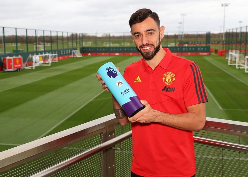 Bruno Fernandes was presented with February&#039;s Premier League Player of the Month award.