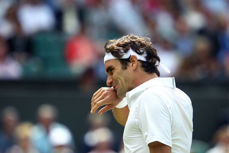 Roger Federer looks on at Wimbledon 2011