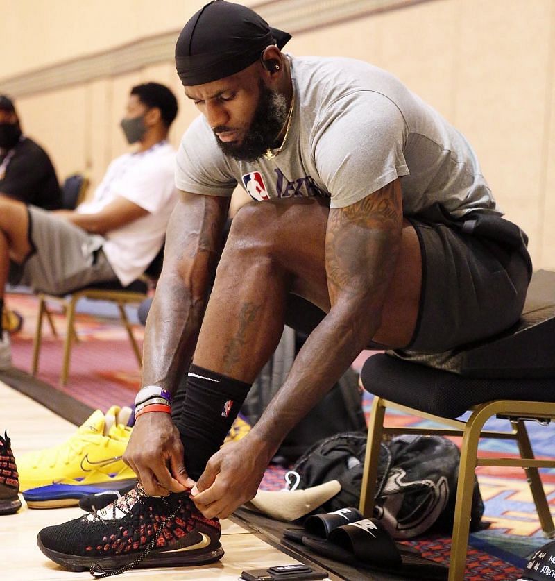 LeBron James laces up for first practice inside the NBA bubble [Image: NBA]