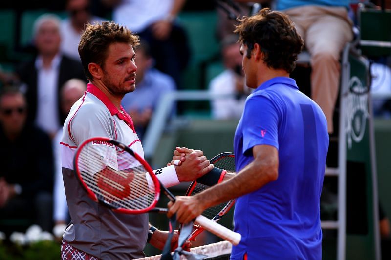 Stan Wawrinka (L) and Roger Federer at the 2015 French Open