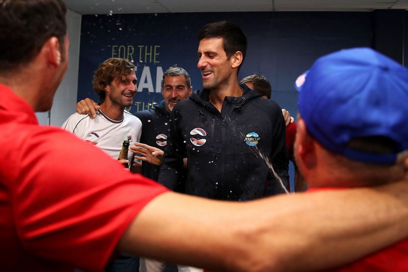 Novak Djokovic with his teammates after winning the 2020 ATP Cup