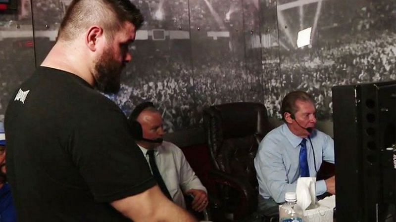 Kevin Owens and Vince McMahon at gorilla position