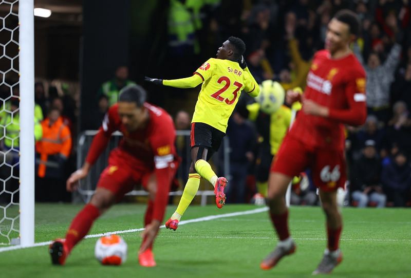 Ismaila Sarr celebrates scoring against Liverpool