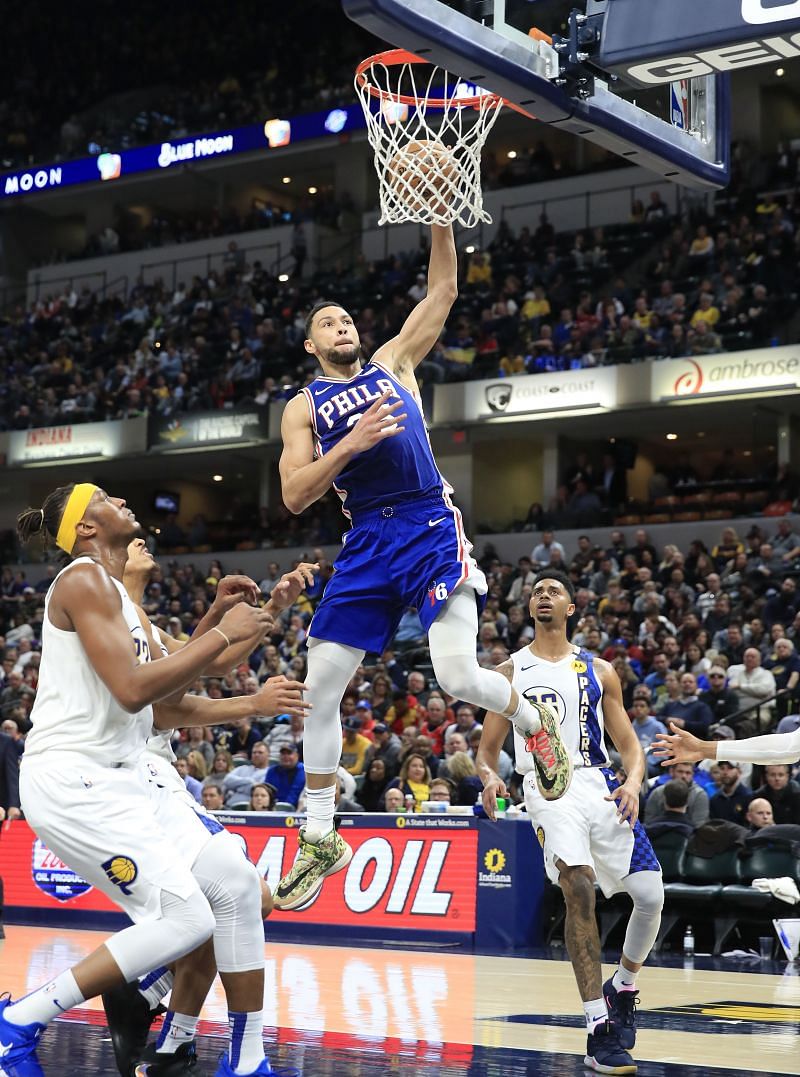 Ben Simmons of the Sixers dunks on the Pacers