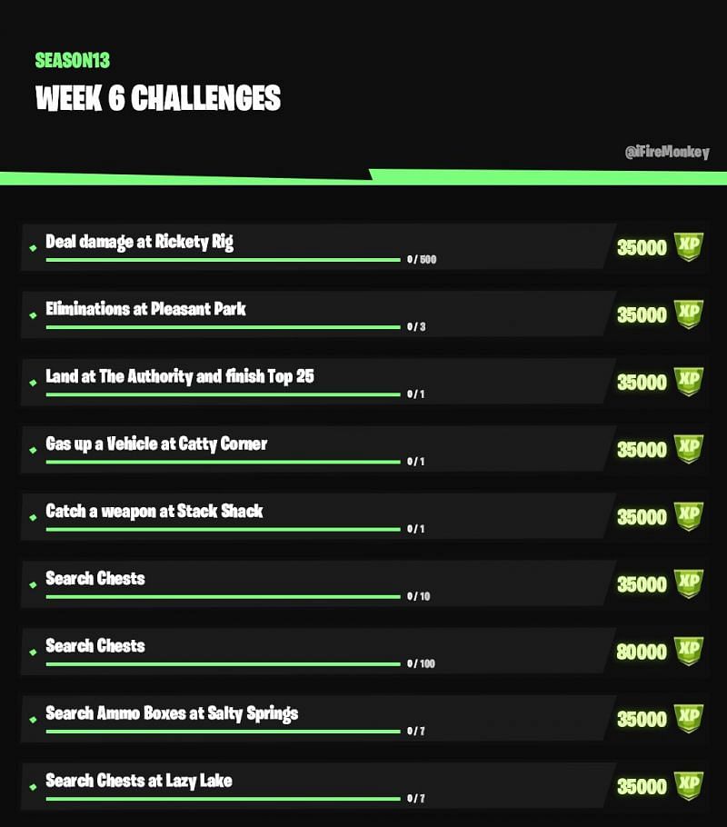 Fortnite Week 6 challenges for Chapter 2, Season 3. (Image Credit: FireMonkey/Twitter)