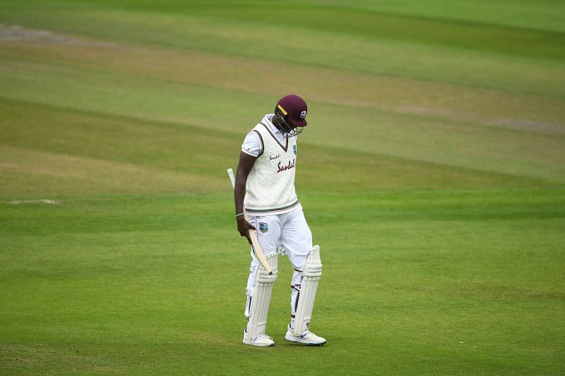 West Indies&#039; skipper Jason Holder trudges back to the pavilion after being dismissed.