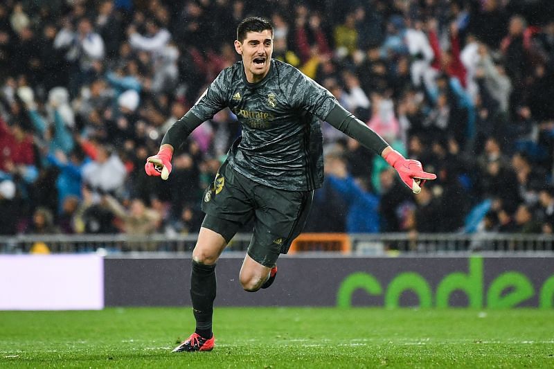 Thibaut Courtois celebrates a goal for Real Madrid